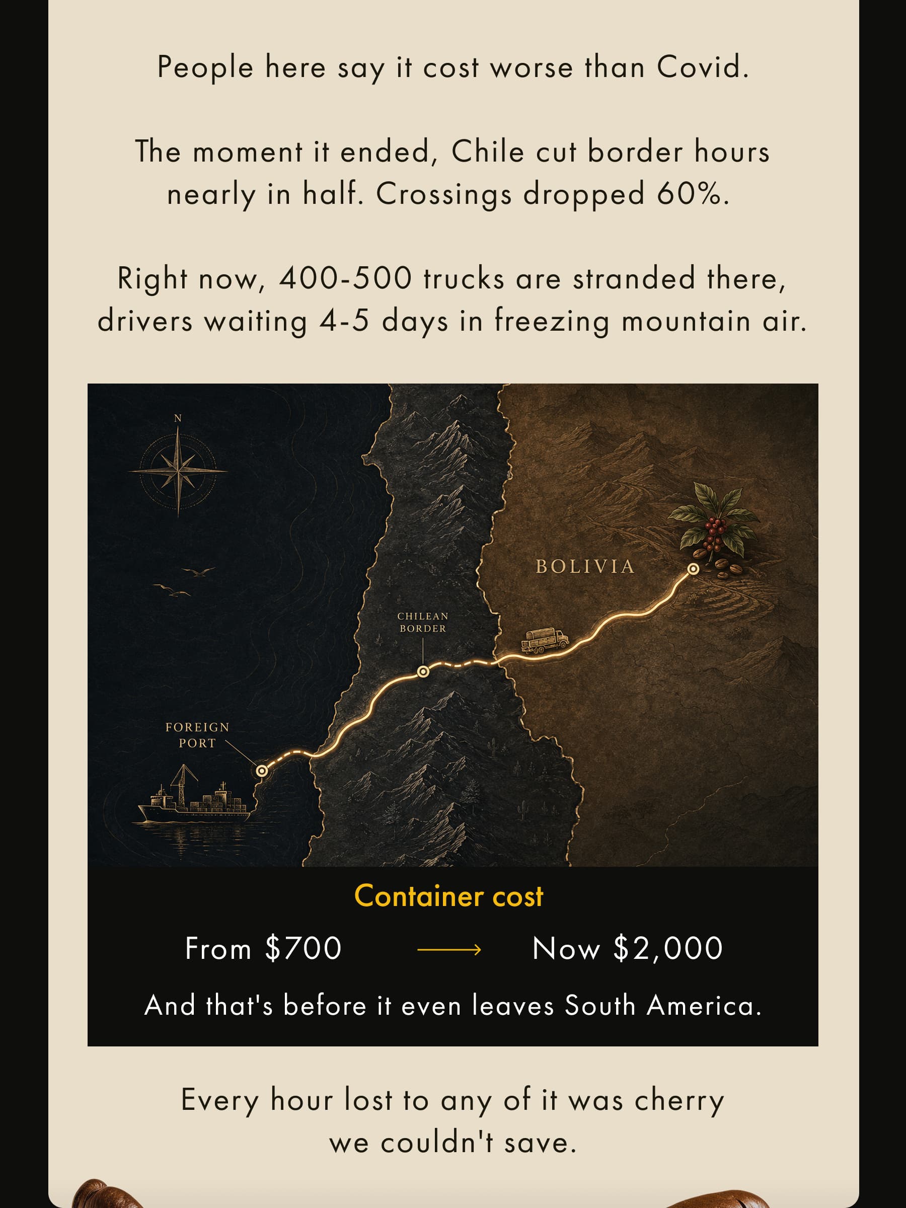 People here say it cost worse than Covid.  The moment it ended, Chile cut border hours nearly in half. Crossings dropped 60%. Every hour lost to any of it was cherry we couldn't save.